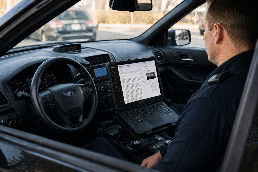 Police officer using laptop inside patrol car
