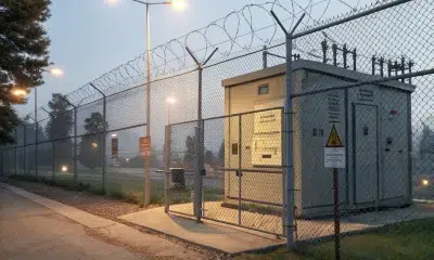 Fenced electrical substation at dusk with warning signs