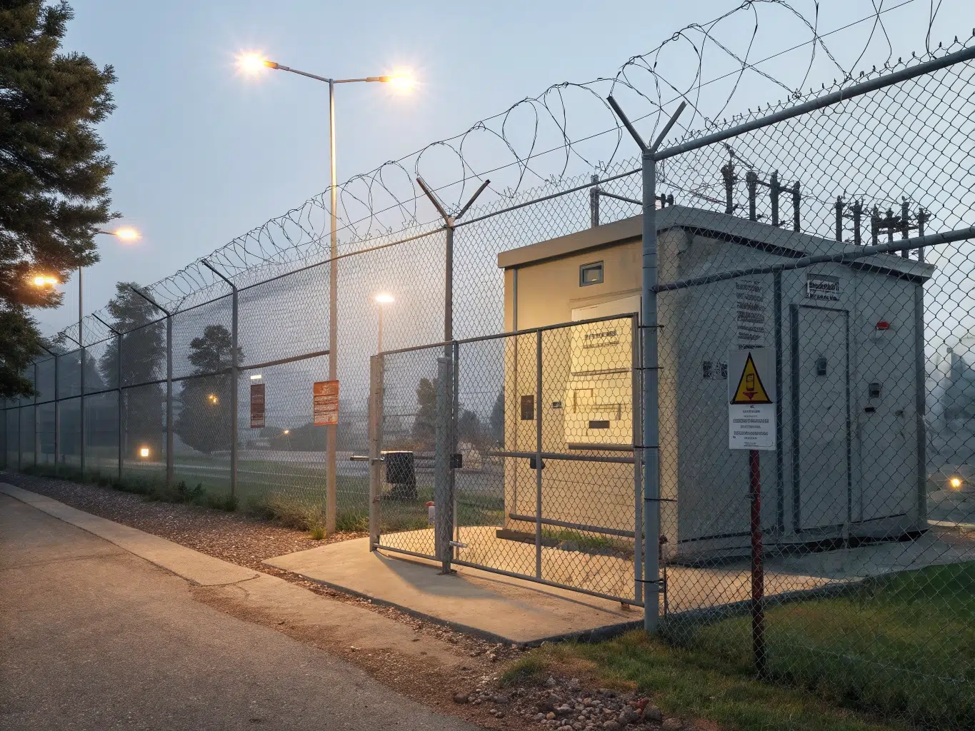 Fenced electrical substation at dusk with warning signs