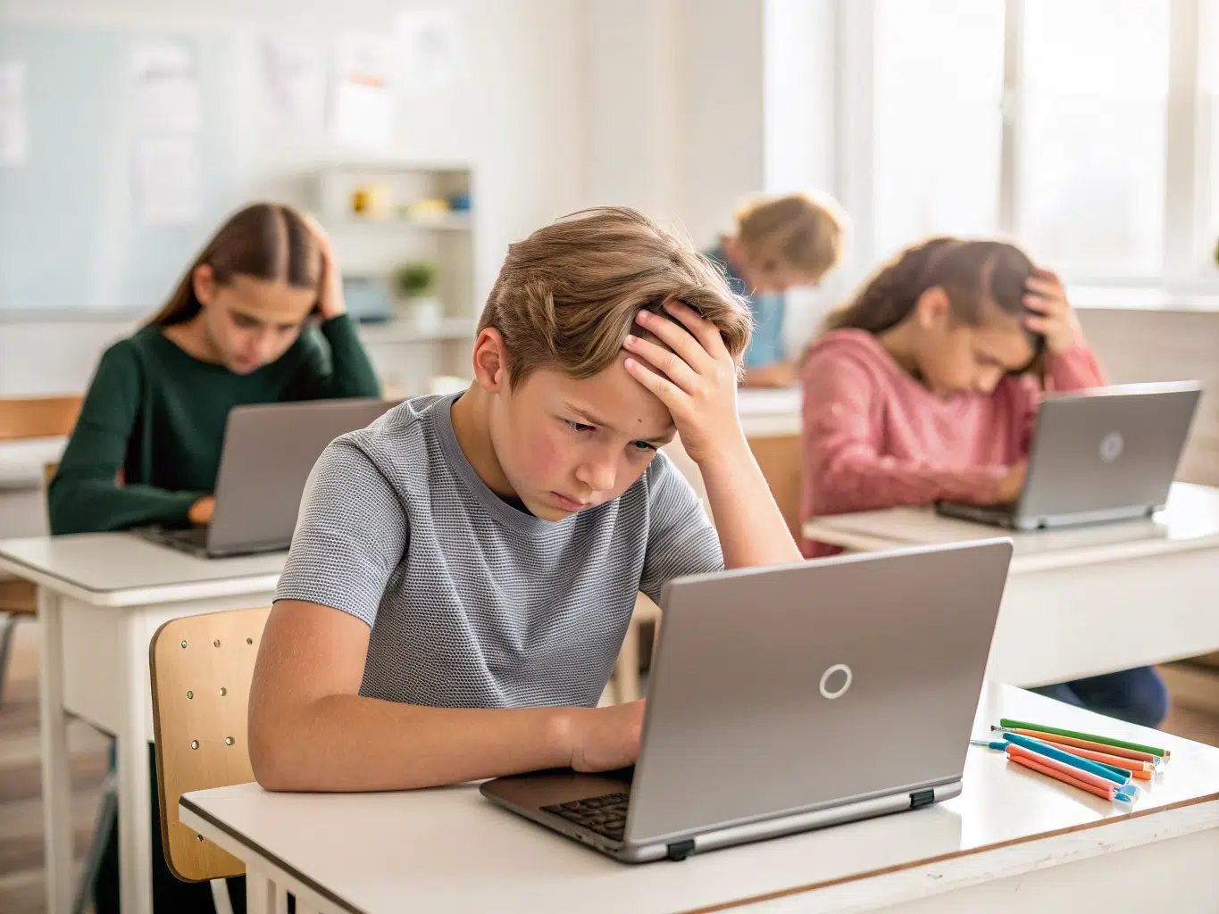 Students looking stressed while using laptops in classroom