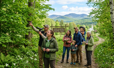 Family birdwatching at Green Mountain Audubon Center trail