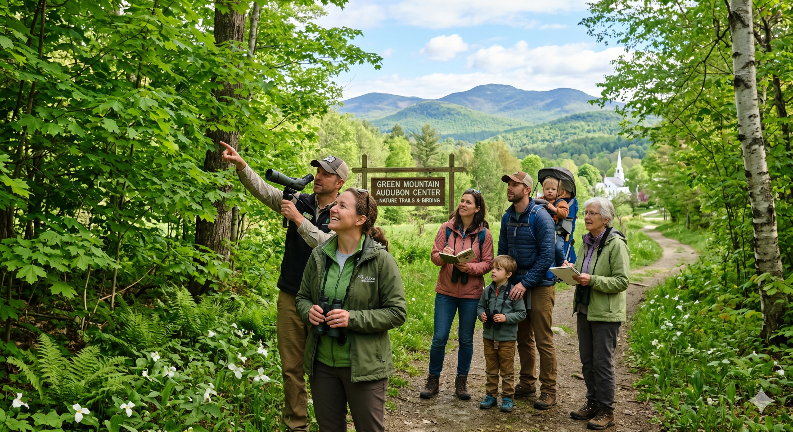 Family birdwatching at Green Mountain Audubon Center trail