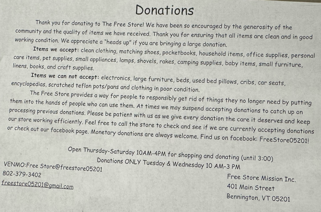 Free Store donation guidelines and hours flyer