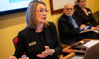 Woman presenting at meeting with colleagues and laptop