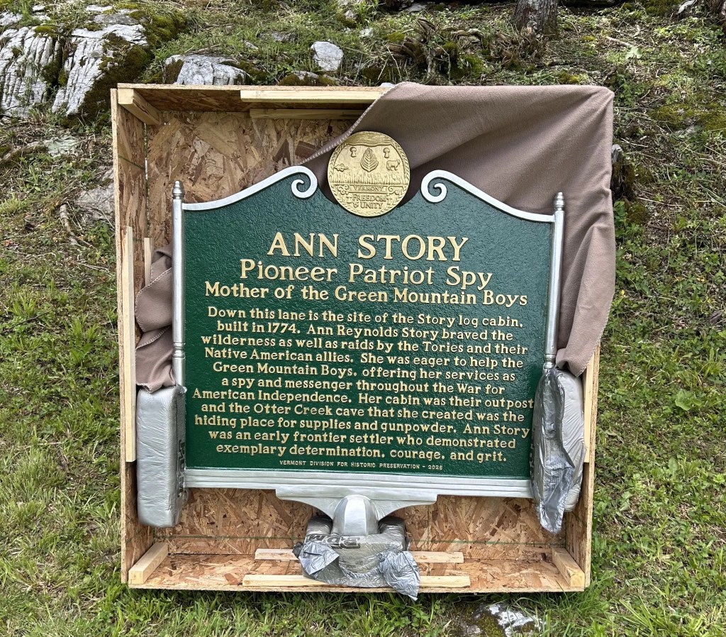 Ann Story historical marker in wooden crate