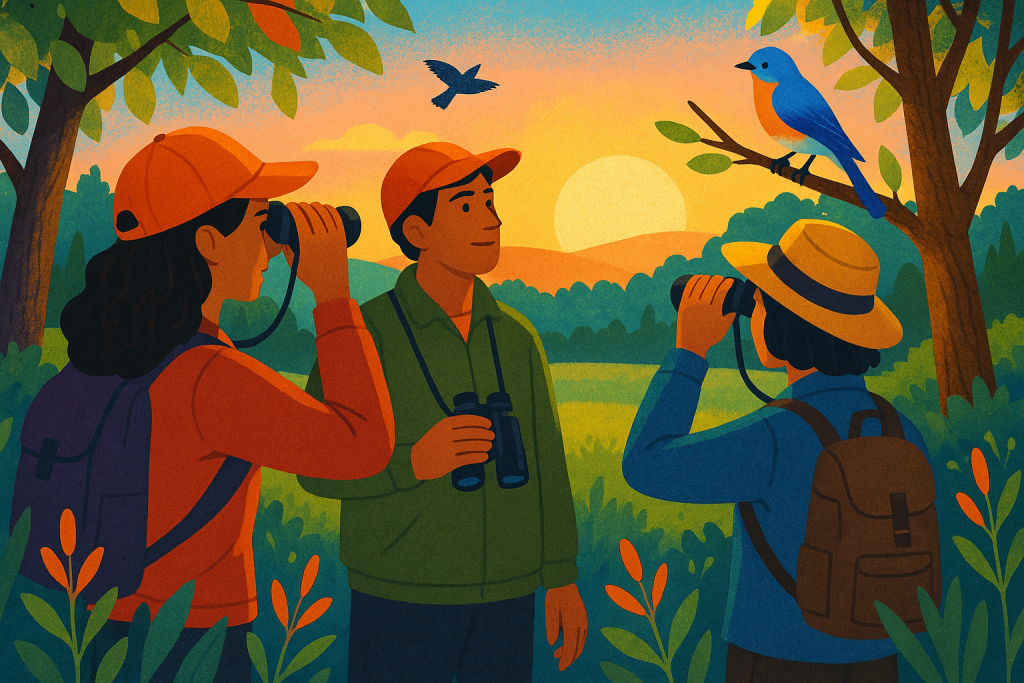 Birdwatchers on a guided monitoring walk observing birds in a natural area