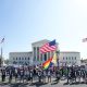 Protesters outside U.S. Supreme Court with flags