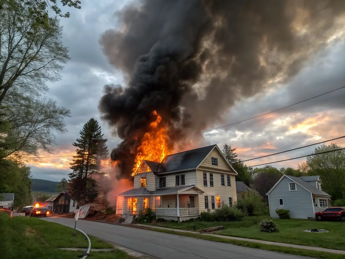 House engulfed in flames with thick black smoke