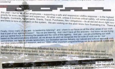 Screenshot of internal memo about wildfire response funding