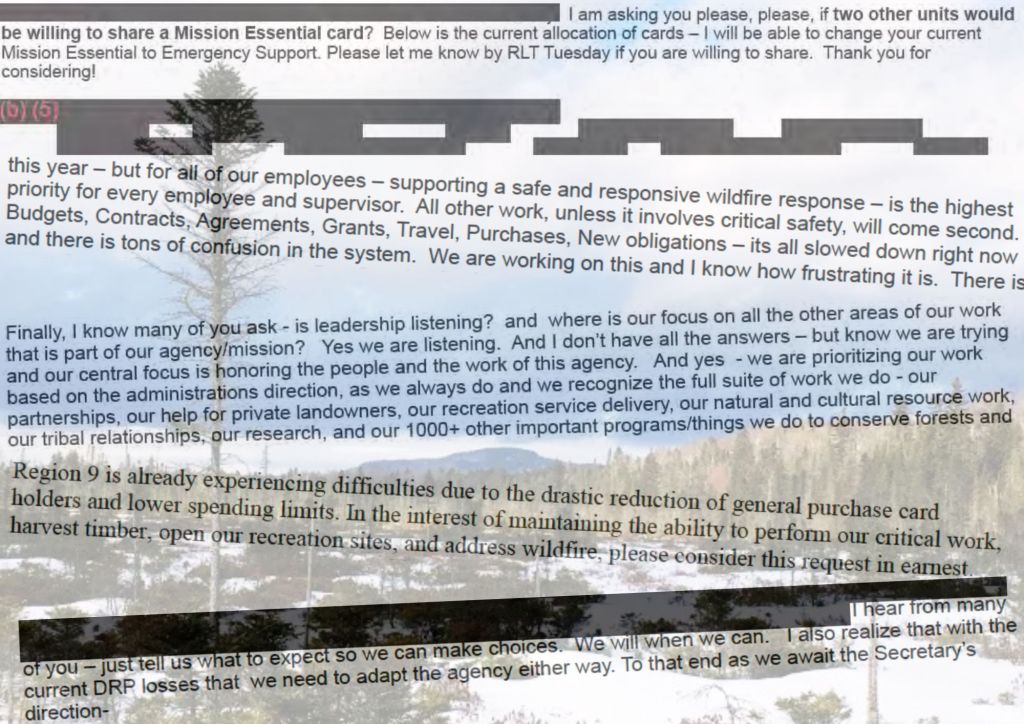 Screenshot of internal memo about wildfire response funding