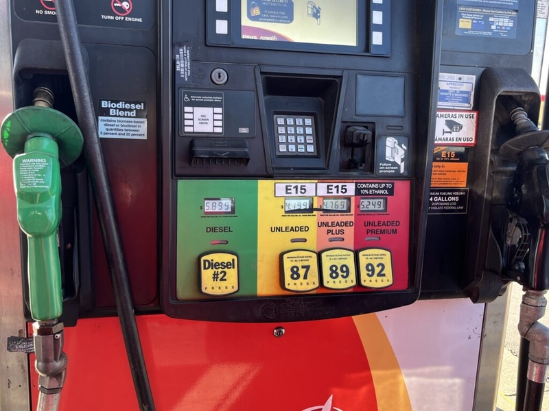 Gas pump displaying diesel and unleaded fuel options
