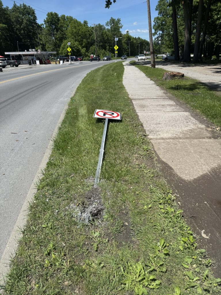 Signed knocked down by Truck involved in accident in front of the The Freeze In Bennington Vermont