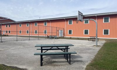 Fenced outdoor yard with picnic tables and basketball hoop