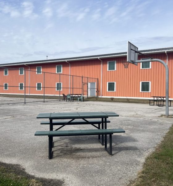 Fenced outdoor yard with picnic tables and basketball hoop