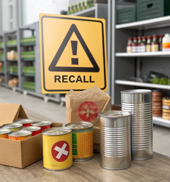 Food recall warning sign with canned goods