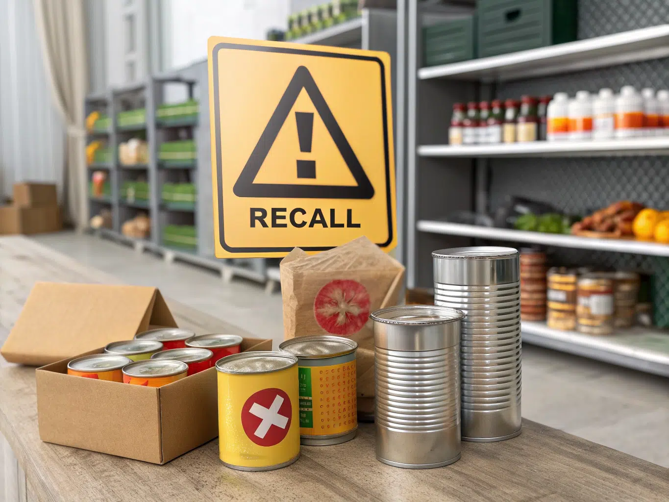 Food recall warning sign with canned goods