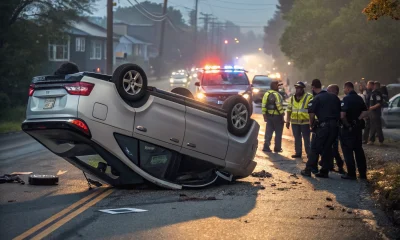 Overturned car with police at crash scene