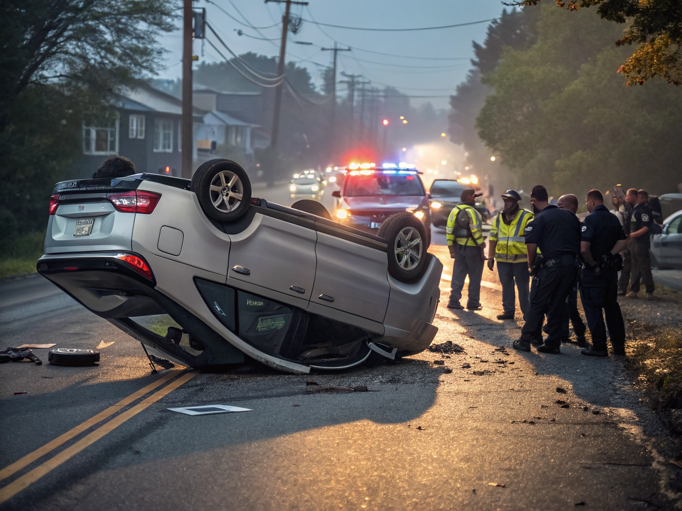 Overturned car with police at crash scene