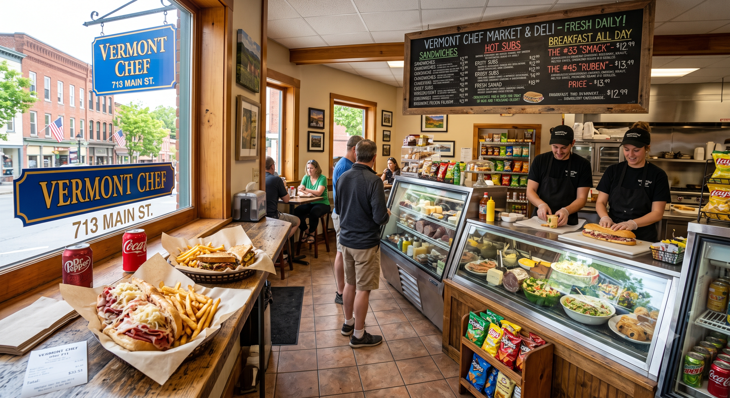 Interior of Vermont Chef deli with sandwiches and customers