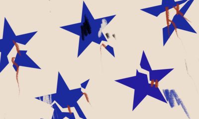Abstract blue stars with colorful crayon scribbles