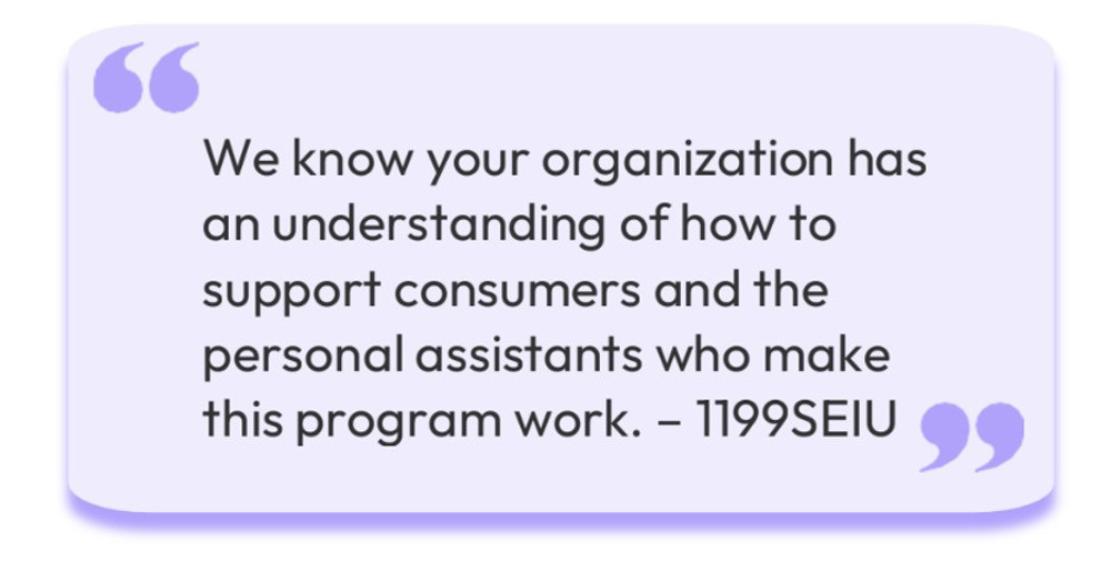 Testimonial quote from 1199SEIU about organizational support