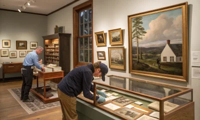 Visitors examining artwork and artifacts in museum gallery