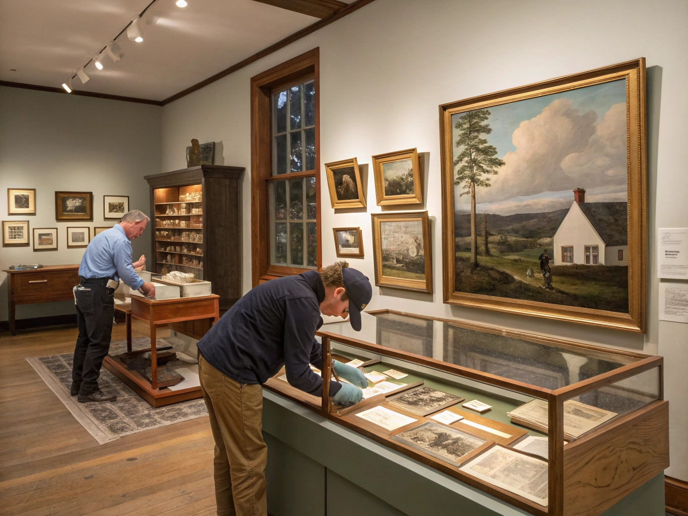 Visitors examining artwork and artifacts in museum gallery