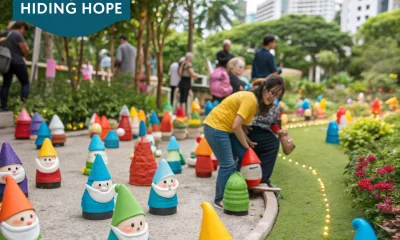 Colorful garden gnomes displayed in urban park