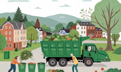 Compost truck collecting organic waste in neighborhood