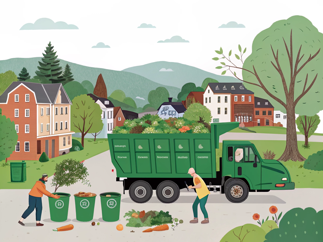 Compost truck collecting organic waste in neighborhood