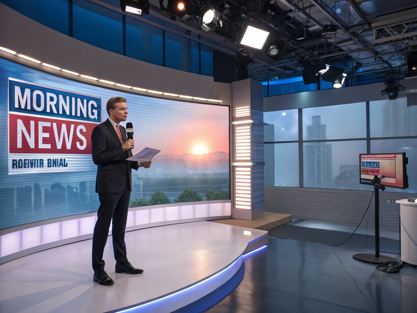 News anchor delivering morning broadcast in studio
