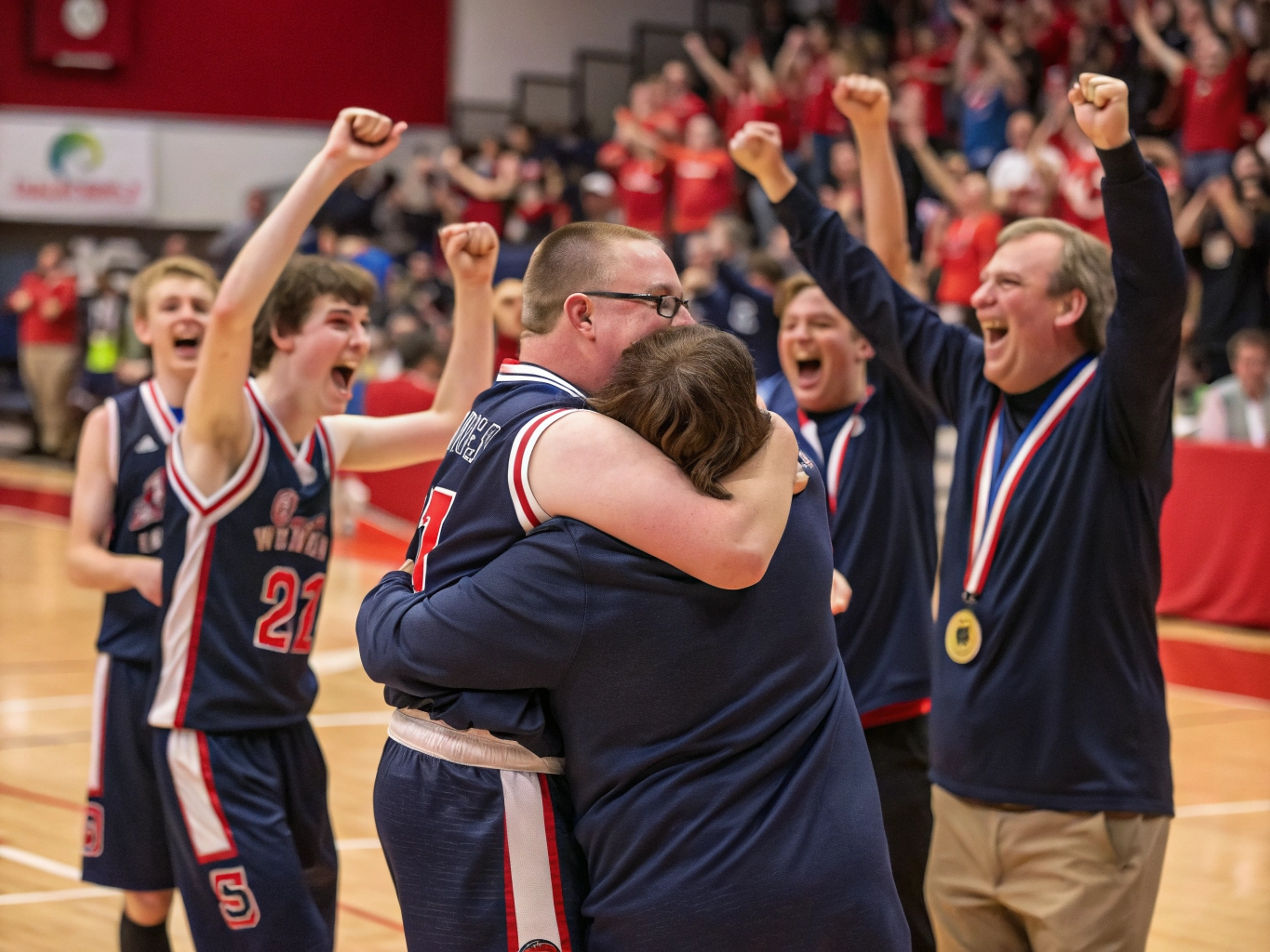 Basketball team celebrating championship victory with coach hug