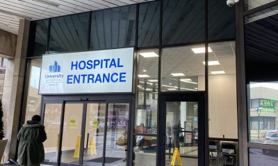 University hospital entrance with glass doors
