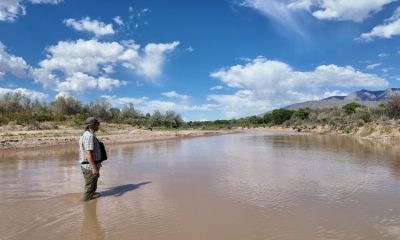 Man standing in shallow muddy river under blue sky