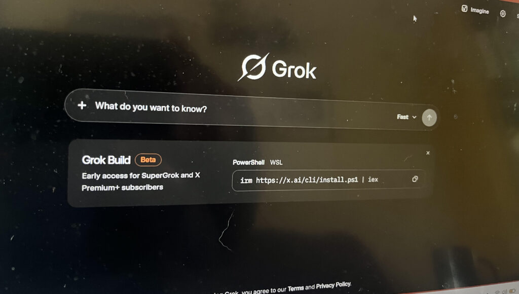 Grok Build beta interface with PowerShell command