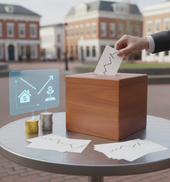 A person casting a ballot into a wooden box with financial symbols and charts, symbolizing c — Bennington local option tax