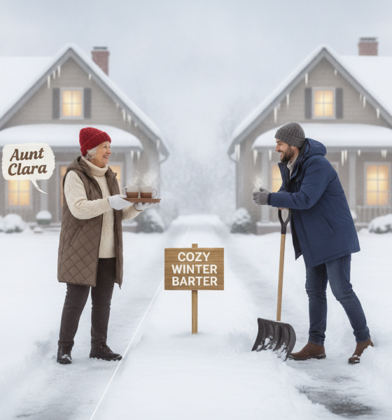 A woman in winter attire offers a tray of baked goods to a man holding a shovel, wi — how to ask neighbor to plow driveway