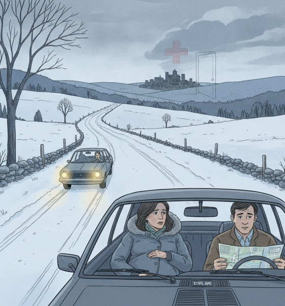 Two cars driving on a snowy rural road, one with a pregnant woman inside, heading towards a — rural maternity care Vermont