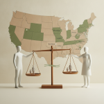 Illustration depicting a scale balancing figures of children, with a map of the U.S. showing st — 50-50 child custody laws