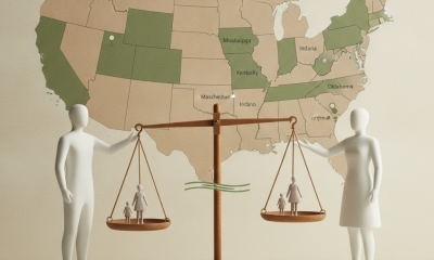 Illustration depicting a scale balancing figures of children, with a map of the U.S. showing st — 50-50 child custody laws
