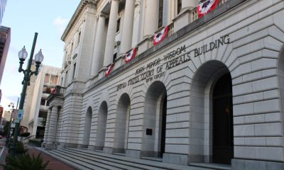 Exterior view of the U.S. Court of Appeals building with decorative banners, symbolizing leg — telehealth abortion lawsuit