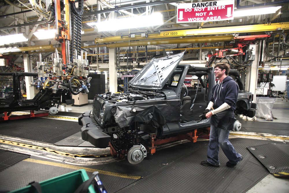 An auto worker in a factory is assembling a vehicle amidst machinery and equipment, highlighting — Trump Canada trade war