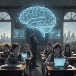 A classroom scene with students using tablets, a teacher standing by, and a digital bra — school districts restrict ai use