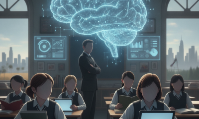A classroom scene with students using tablets, a teacher standing by, and a digital bra — school districts restrict ai use