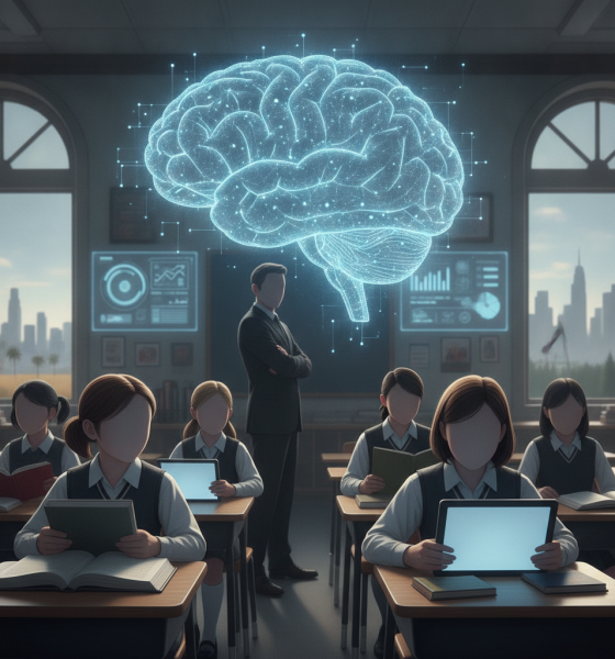 A classroom scene with students using tablets, a teacher standing by, and a digital bra — school districts restrict ai use