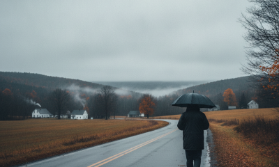 A person walking with an umbrella along a wet road in Bennington County, surrounded b — Bennington County weather forecast