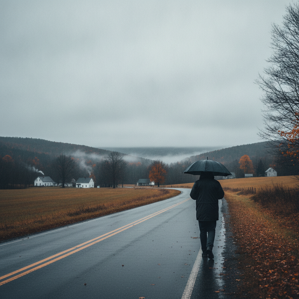 A person walking with an umbrella along a wet road in Bennington County, surrounded b — Bennington County weather forecast