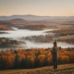 A person in a hat stands overlooking a foggy valley filled with autumn foliage in Benning — Bennington VT weather forecast