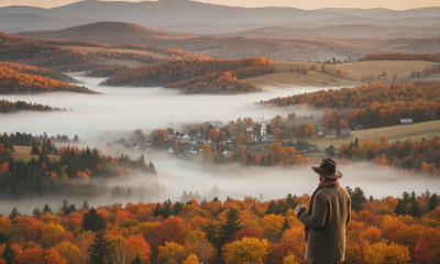 A person in a hat stands overlooking a foggy valley filled with autumn foliage in Benning — Bennington VT weather forecast