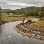 Conservation crews and heavy machinery working on the Batten Kill Restoration in S — Batten Kill Restoration Sunderland VT